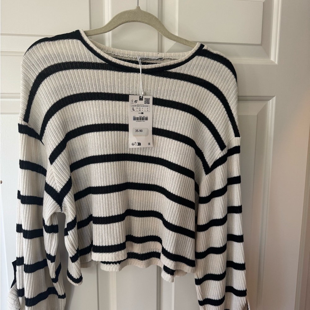 Zara Black and White Striped Top bell sleeves